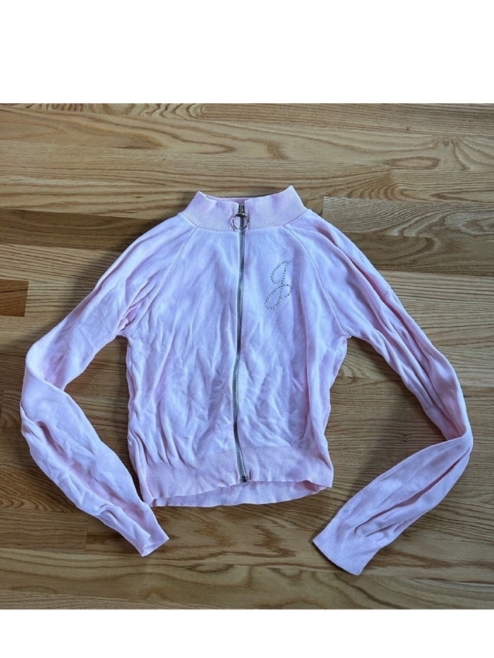 Pastel pink full zipper sweater J rhinestone monogram extra small XS
